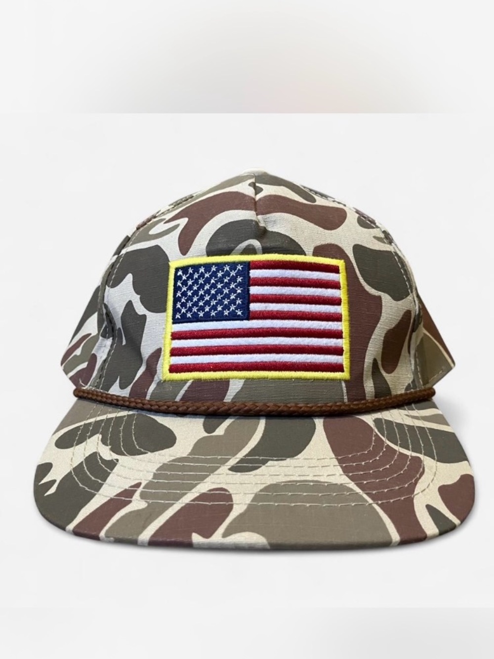 BURLEBO Camo Snapback Hat with American Flag Patch - Brown Green Tan
